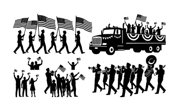 A detailed black and white illustration featuring silhouettes of people marching with american flags a parade float and a musical marching band ensemble