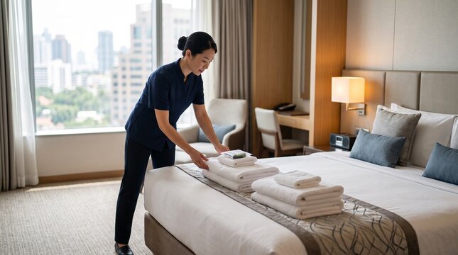 Hotel Housekeeping Professional Preparing Modern Guest Room