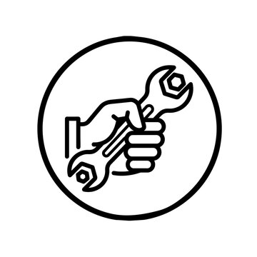 A black and white line art icon showing a human hand firmly holding a metal wrench inside a circular border for maintenance concepts