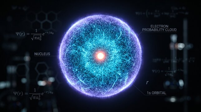 Vibrant electron cloud orbiting atomic nucleus. Quantum physics concept with glowing blue and purple orb