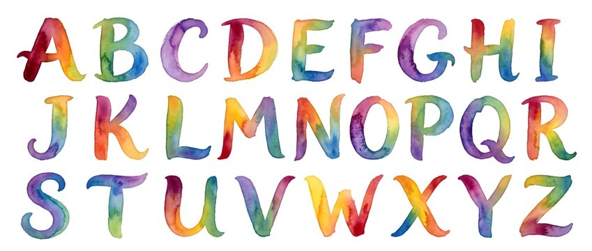 Colorful watercolor rainbow alphabet letters set on white background