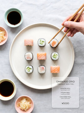 Flat Lay Omakase Sushi Grid Menu with Maki Rolls Soy Sauce and Chopsticks