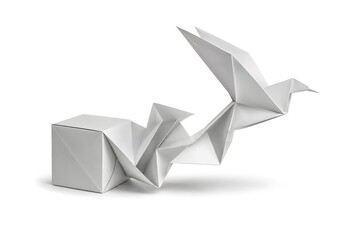 Naklejka premium White Origami Cube Transforming into Paper Bird on White Background Corporate Transformation Concept