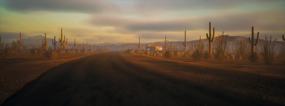 Empty road in desolate desert landscape with succulent plants and a building during golden hour under a sky wih clouds. 3D render.