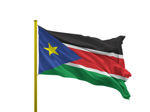 South Sudan flag waving on a golden pole isolated on Transparent Background