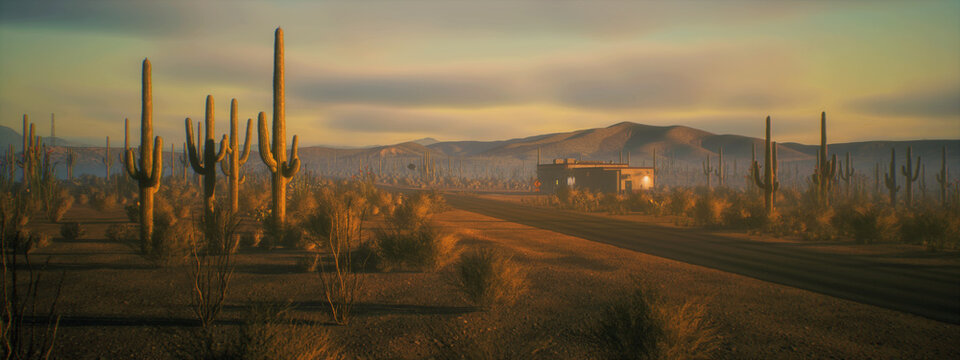 Empty road in desolate desert landscape with succulent plants and a building during golden hour under a sky wih clouds. 3D render.