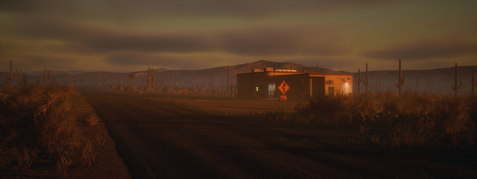 Empty road in desolate desert landscape with succulent plants, a building and a traffic sign during sunset under a sky wih clouds. 3D render.