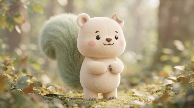 Adorable plush squirrel toy in sunny forest, cute stuffed animal character, soft fabric woodland creature for nursery decor