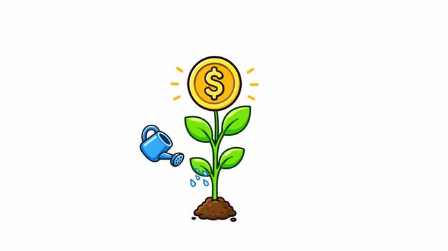 animated watering can pours water droplets onto a small green sprout growing in soil against a clean white background.