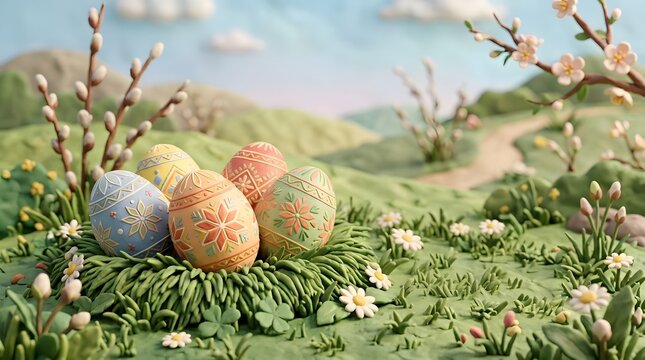Plasticine easter eggs in nest on spring meadow with willow and blossom trees