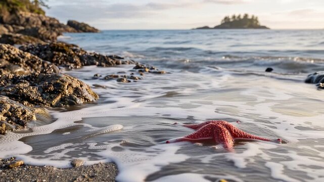 Vibrant red starfish resting on wet coastal, gentle ocean waves, serene marine nature landscape, 4K video