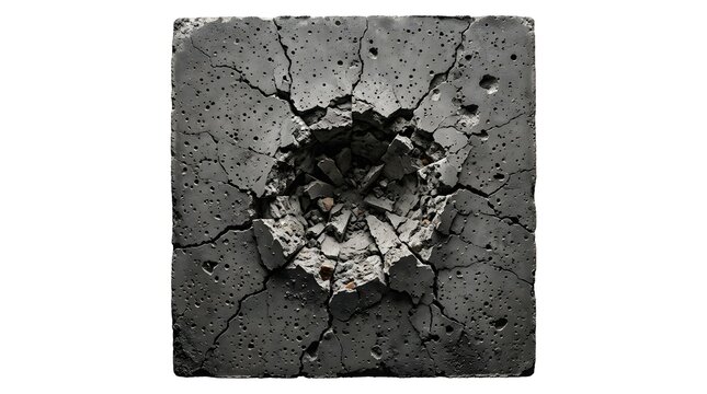Cracked and broken concrete square with impact crater isolated on white.