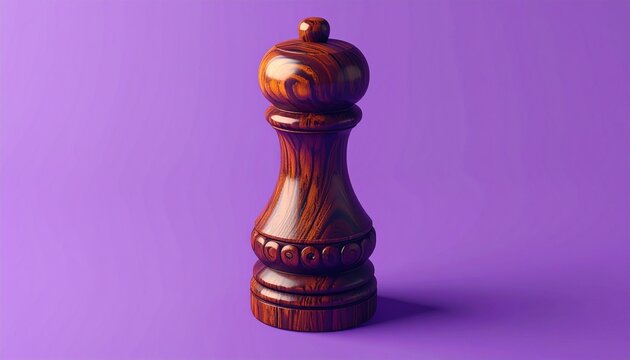Wooden chess king piece on solid purple background.