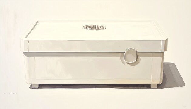 White metal storage box with handle and vented lid.