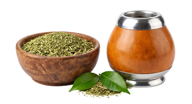 Yerba Mate Drink Set: Dried Leaves in Bowl and Gourd Cup Isolated