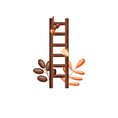 Illustration wooden ladder with oak leaves and acorns. Autumn composition hand drawnon isolated background for packaging design label postcards holidays clothes dishes © Evgeniia