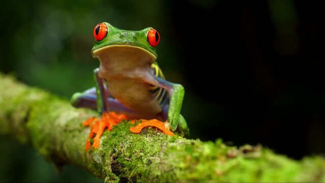vibrant red eyed tree frog sitting on a mossy branch in a tropical rainforest