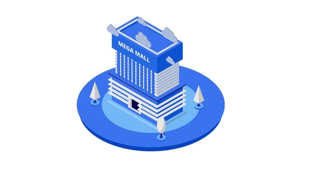 Isometric 3D vector illustration of a modern Mega Mall building with trees and clouds. Concept of commercial real estate, retail shopping center, store architecture, and urban development.