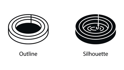 Fishing Outline and Silhouette: A set of two circular graphic icons depicting a fishing pond, one in outline and the other in silhouette with a fishing hook and ripples. © Md