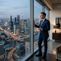 Obraz premium Business professional looking out over city skyline from high-rise office.