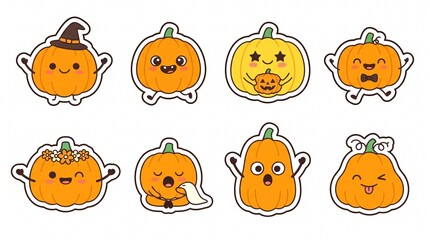 Fototapeta premium Cute cartoon pumpkin stickers set for halloween celebration isolated on white background, Vector, illustration