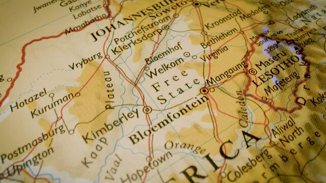 gliding over a physical map of south africa to pretoria and johannesburg