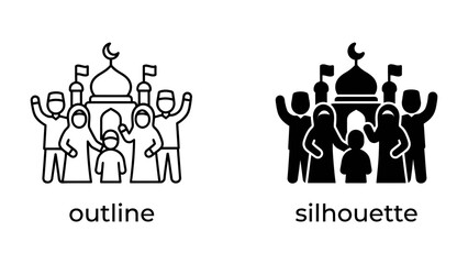 Fototapeta premium Muslim community celebrating in front of a mosque: A graphic illustration representing a Muslim community standing together in front of a mosque, signifying unity and faith.