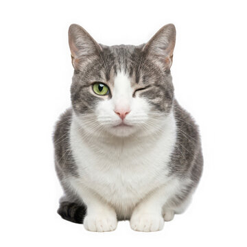 A grey and white tabby cat winking, isolated on transparent background