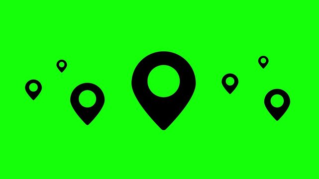 Dynamic graphic illustration of various black map marker icons on a vibrant green screen background, perfect for navigation interfaces and tracking locations for diverse projects