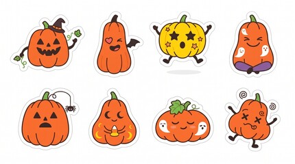 Fototapeta premium Set of cute cartoon pumpkin characters for halloween celebration isolated on white background, Vector, illustration