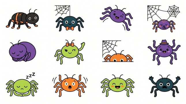 Set of cute colorful cartoon spider characters for halloween decoration isolated on white background, Vector, illustration