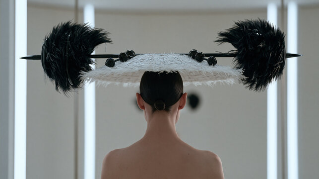 A milliner views her finished competitive weightlifting-themed sculptural hat from behind in a minimalist mirror studio, feathered barbells and miniature dumbbells woven into the