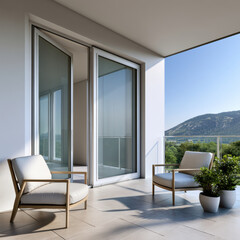 Fototapeta premium Modern apartment balcony with mountain view, glass railing, two armchairs, potted plant, and open sliding door, peaceful atmosphere