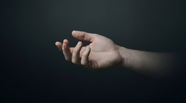 Open human hand with relaxed fingers against a dark background, creating a minimalist composition representing touch, communication, vulnerability, care, and human connection.