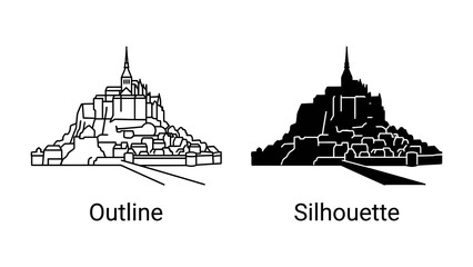 Mont Saint-Michel Outline and Silhouette: Two distinct representations of the iconic French island commune, showcasing its outline and a stark silhouette, perfect for graphic design and travel themes. © jabed