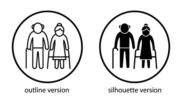 Elderly Couple Iconography: A comparative depiction of an elderly couple presented in both outline and silhouette formats, symbolizing companionship and longevity.