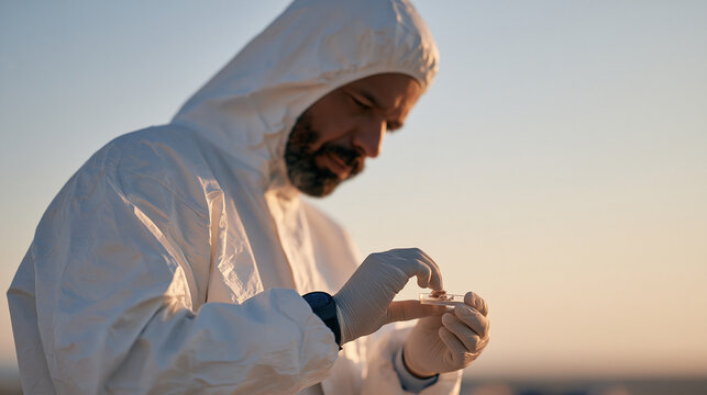 Forensic pathologist in full protective gear examining tissue samples at a golden hour outdoor evidence collection site, single professional silhouetted against warm evening sky,