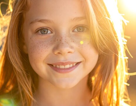 Young girl with freckles bathed in sunlight