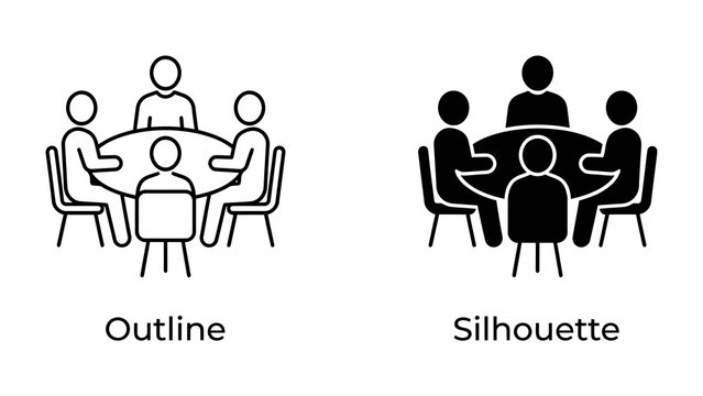 Meeting Icons: Two stylized icons representing a group of people sitting around a round table, one in outline and the other as a silhouette, signifying discussion and collaboration.