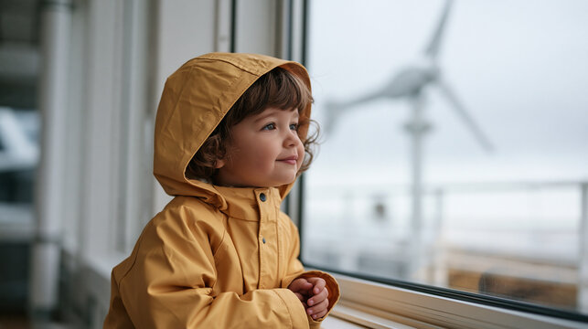 A child in a yellow raincoat presses her nose against a meteorology observation centre window under a dramatic overcast sky, a spinning anemometer visible outside, her perspective