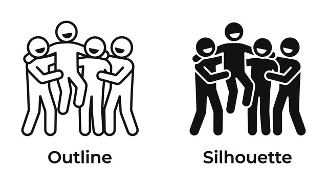Group of People Icon: A visual representation of a group of people in both outline and silhouette form, symbolizing unity, friendship, and togetherness.