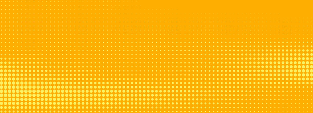 Yellow halftone pattern. Retro comic gradient background. Bright orange pixelated dotted texture overlay. Cartoon pop art faded gradient pattern. Vector backdrop for poster, banner, advertisement