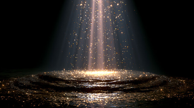 dramatic spotlight beam illuminating glowing golden particles against a dark background representing magical light and mystery
