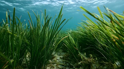 Fototapeta premium Underwater seagrass swaying gently in clear blue water with sunlight filtering through the surface above