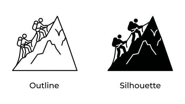 Mountain Climbing Adventure: Two distinct representations, outline and silhouette, depict intrepid climbers scaling a rugged mountain, symbolizing perseverance and adventure.