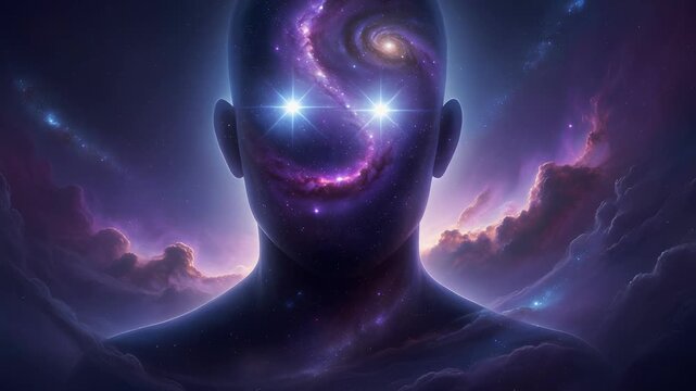 Cosmic human silhouette with glowing eyes and galaxy inside head representing universe and spirituality