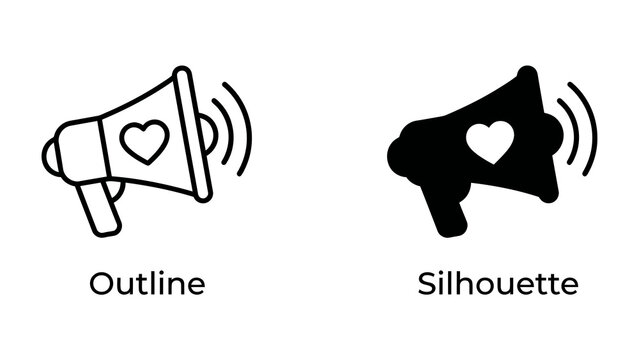 Megaphone Icons with Heart Symbol: A set of graphic icons depicting a megaphone, one in an outline style and the other as a silhouette, both featuring a heart symbol.