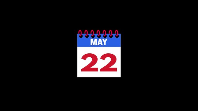 Daily Calendar Page Flip Animation from May 21 to May 22 with Page Turn Transition on Black Background. Day to day. date change concept