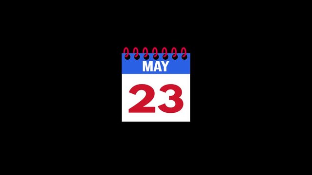 Daily Calendar Page Flip Animation from May 22 to May 23 with Page Turn Transition on Black Background. Day to day. date change concept