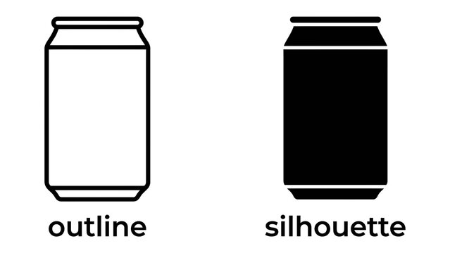 Outline and Silhouette of a Can: A graphic representation showing a white outline of a beverage can next to a solid black silhouette of the same can, illustrating contrasting visual styles.